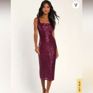 Lulus Dazzling Date Burgundy Sequin Bodycon Midi Dress. Size Medium.